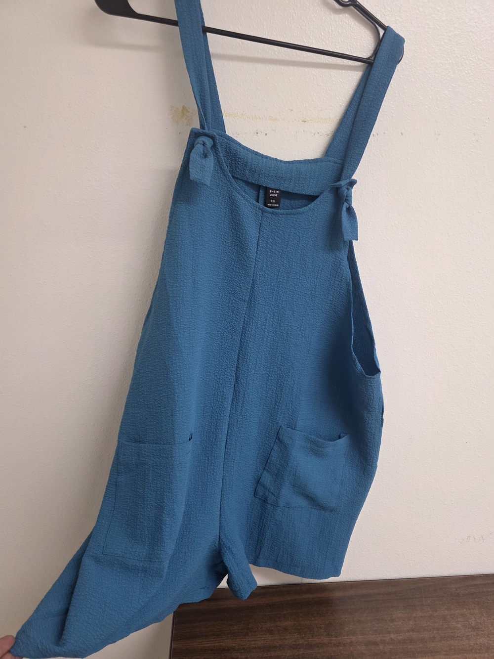 SHEIN Teal Blue Textured Tie-Strap Romper with Front Pockets (0715)